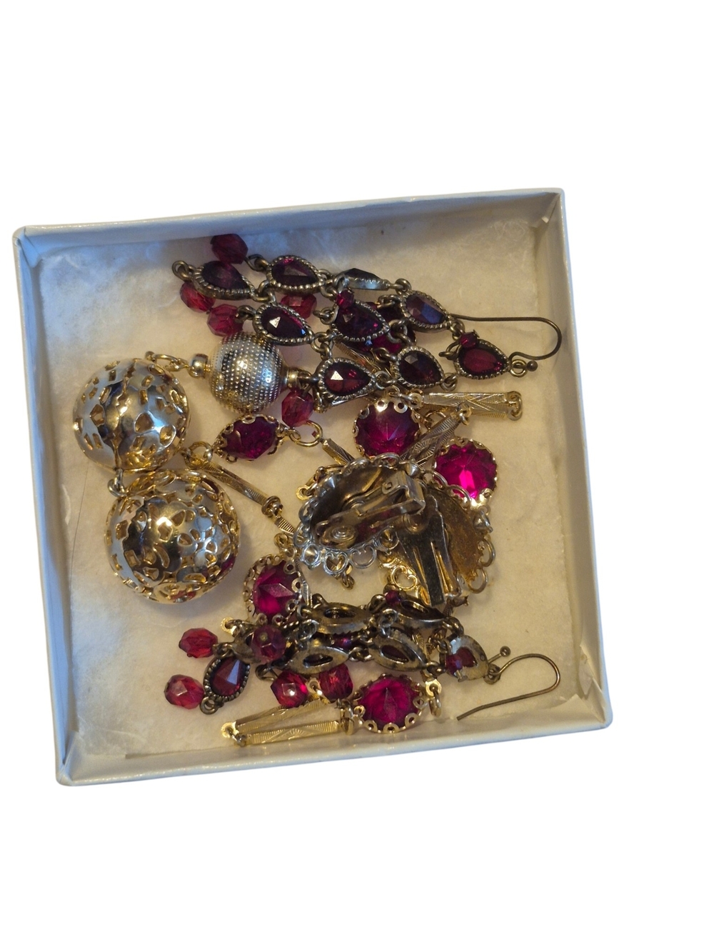 Gold-Tone Necklace and Chandelier Earrings with Deep Red Accents Clip On Earring